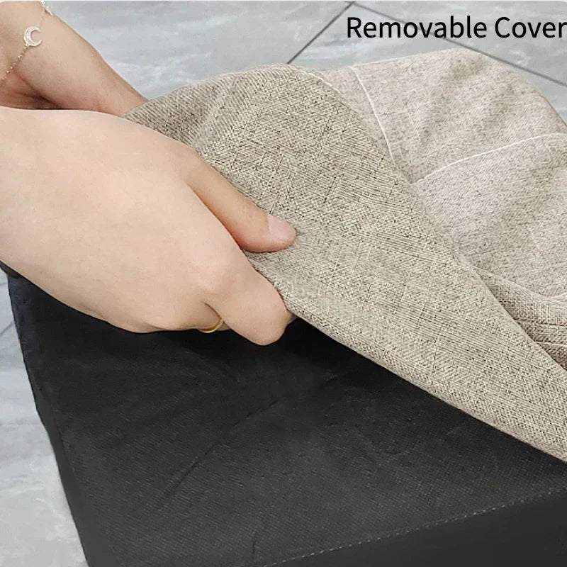 Round Foot Rest Stool Linen Fabric Padded Seat Pouf with Non-Skid